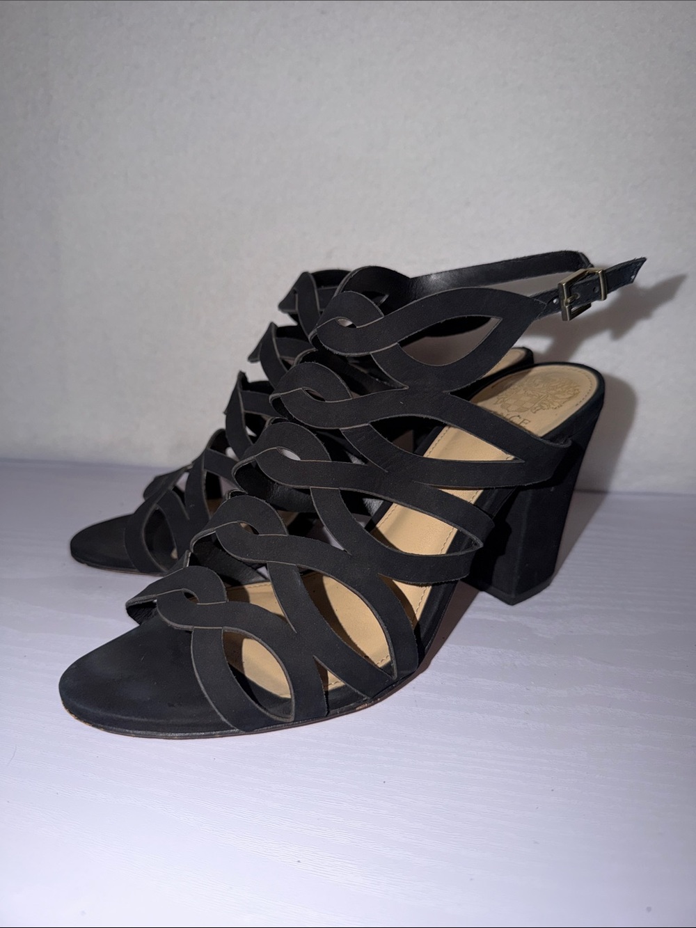 Vince Camuto Black Strappy Cutout Block Heeled Sandals